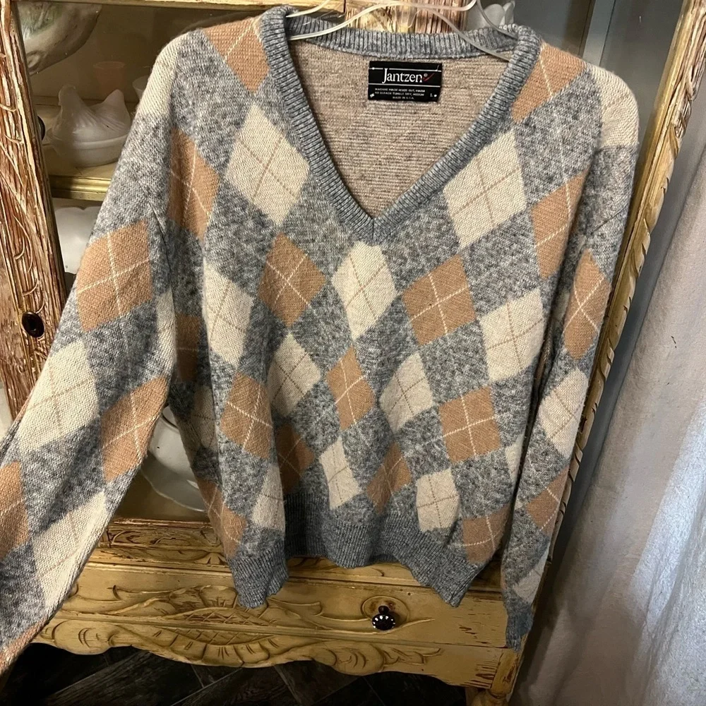 Janzten Mens Size Large Argyle Pullover Grandpa Retro V Neck‎ Sweater VTG